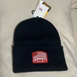Carhartt Navy Beanie with Red Logo Patch